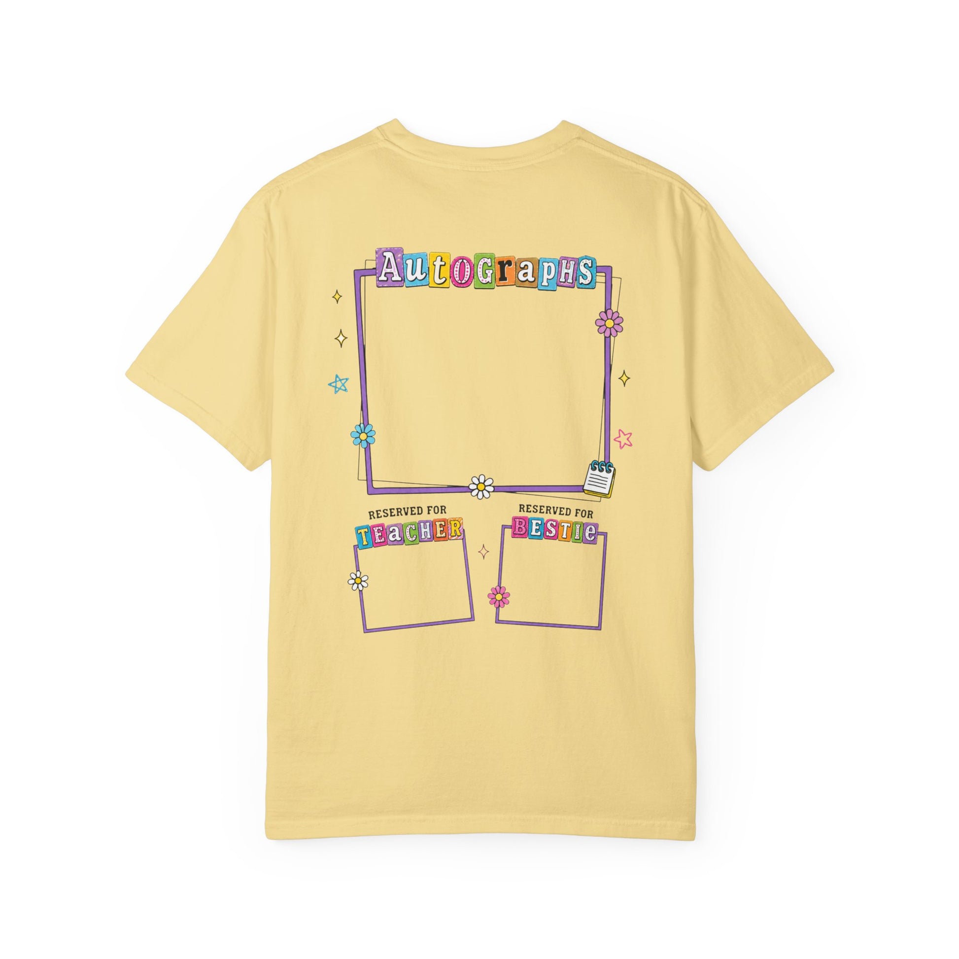 banana t-shirt with 'Autographs Reserved for Terrible People' design on the back against a white background
