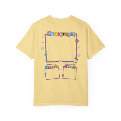 banana t-shirt with 'Autographs Reserved for Terrible People' design on the back against a white background