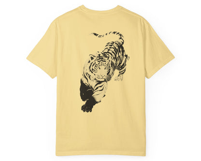 Tiger claw mark front and stalking tiger back graphic tee in BUTTER, heavyweight garment-dyed cotton
