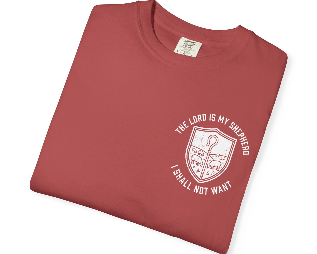 Crimson Psalm 23:1 faith shirt with shepherd graphic design and scripture text shown on model