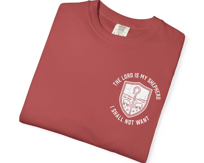Crimson Psalm 23:1 faith shirt with shepherd graphic design and scripture text shown on model