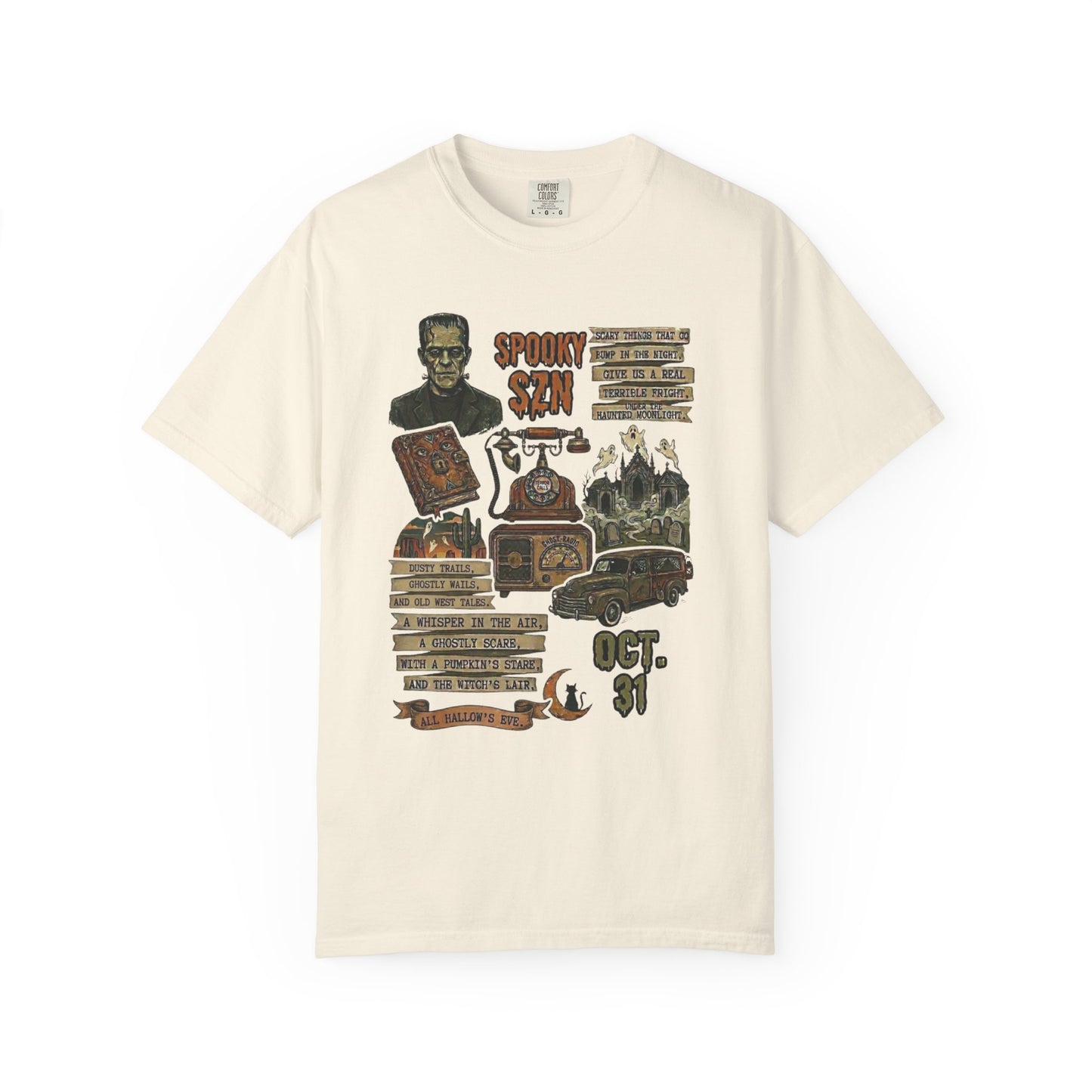 Spooky Season Graphic T-Shirt in Ivory — vintage Halloween haunted carnival tee, garment dyed