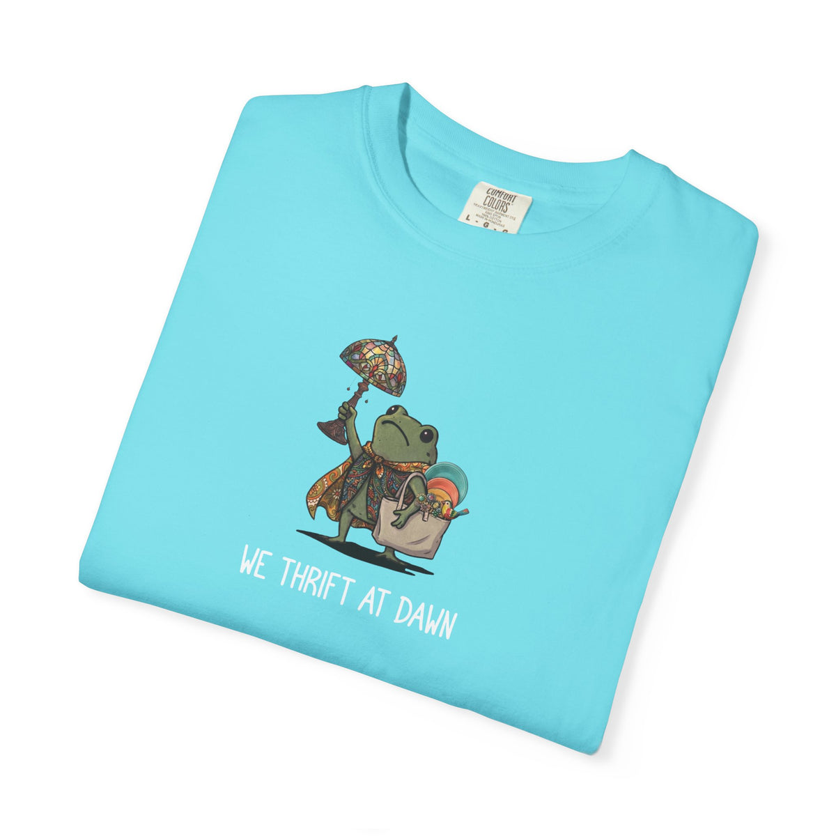 We Thrift at Dawn frog graphic tee in Lagoon Blue — vintage camping thrift haul design