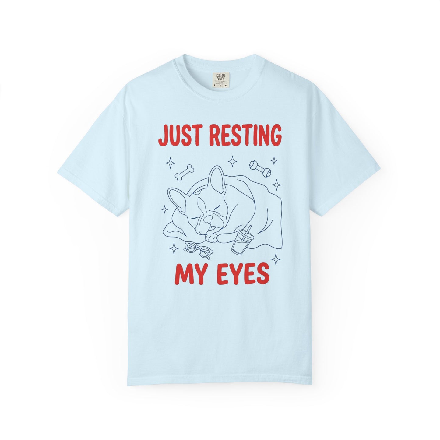 Just Resting My Eyes French Bulldog T-Shirt in Chambray — soft garment-dyed Frenchie tee