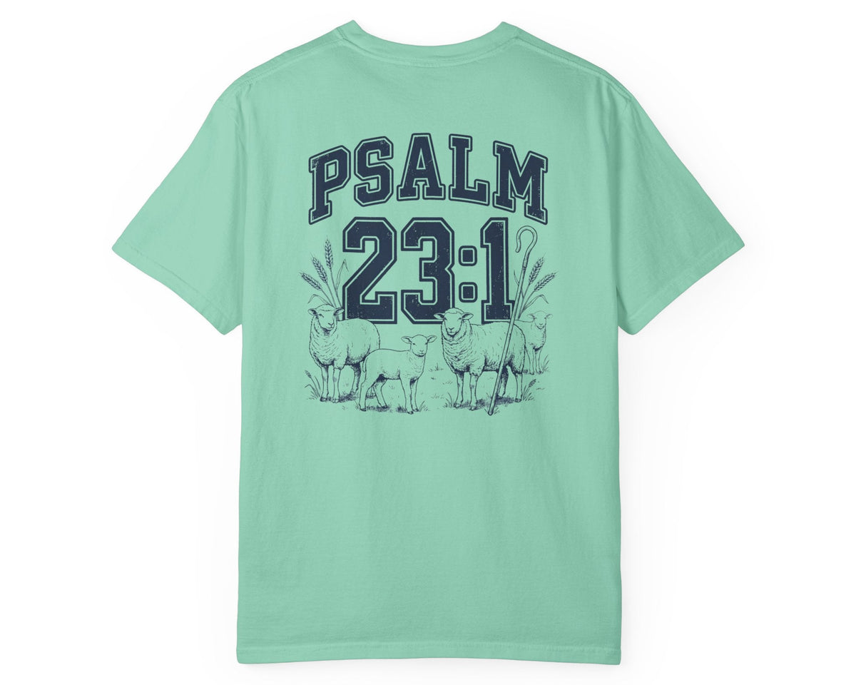 Island Reef Psalm 23:1 faith shirt with shepherd graphic design and scripture text shown on model