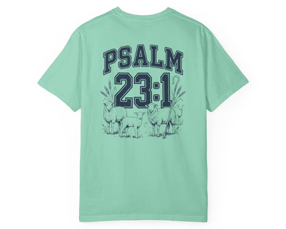 Island Reef Psalm 23:1 faith shirt with shepherd graphic design and scripture text shown on model