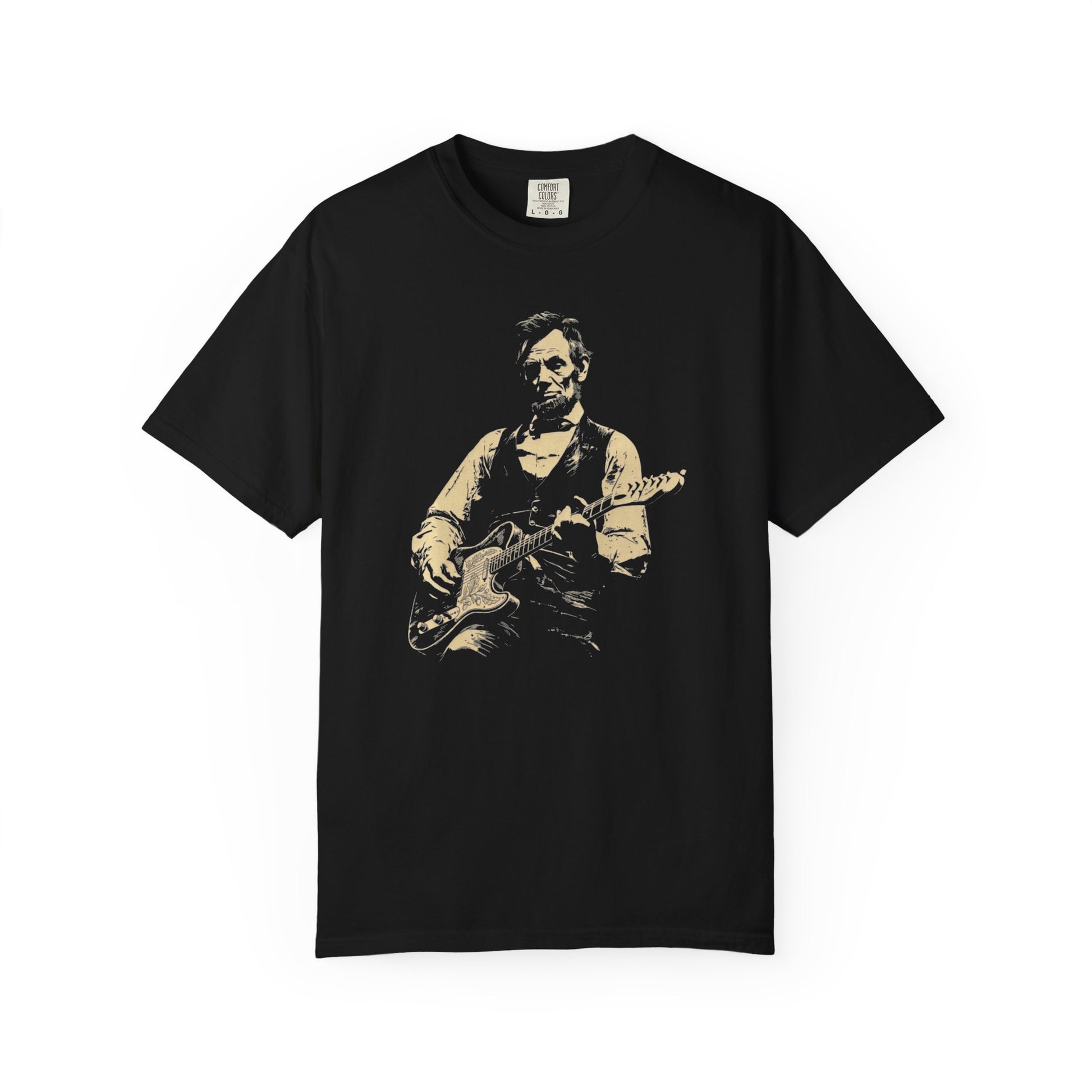 blsck t-shirt with a graphic of a president lincoln  playing guitar on a white background