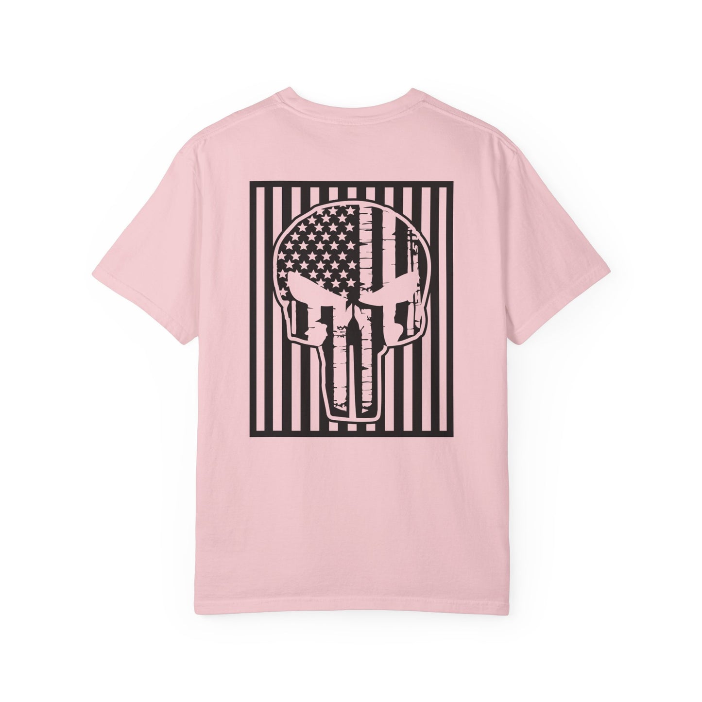 blossom t-shirt with white star and circle design on front, and Punisher skull design on back