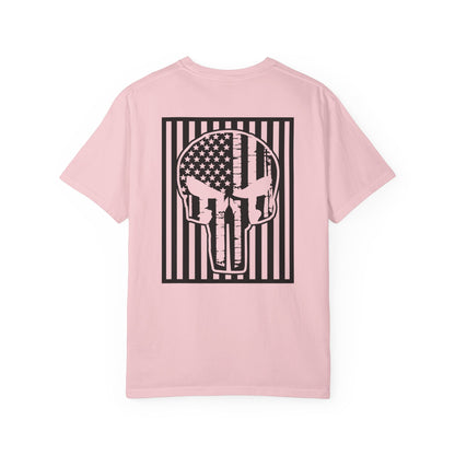 blossom t-shirt with white star and circle design on front, and Punisher skull design on back