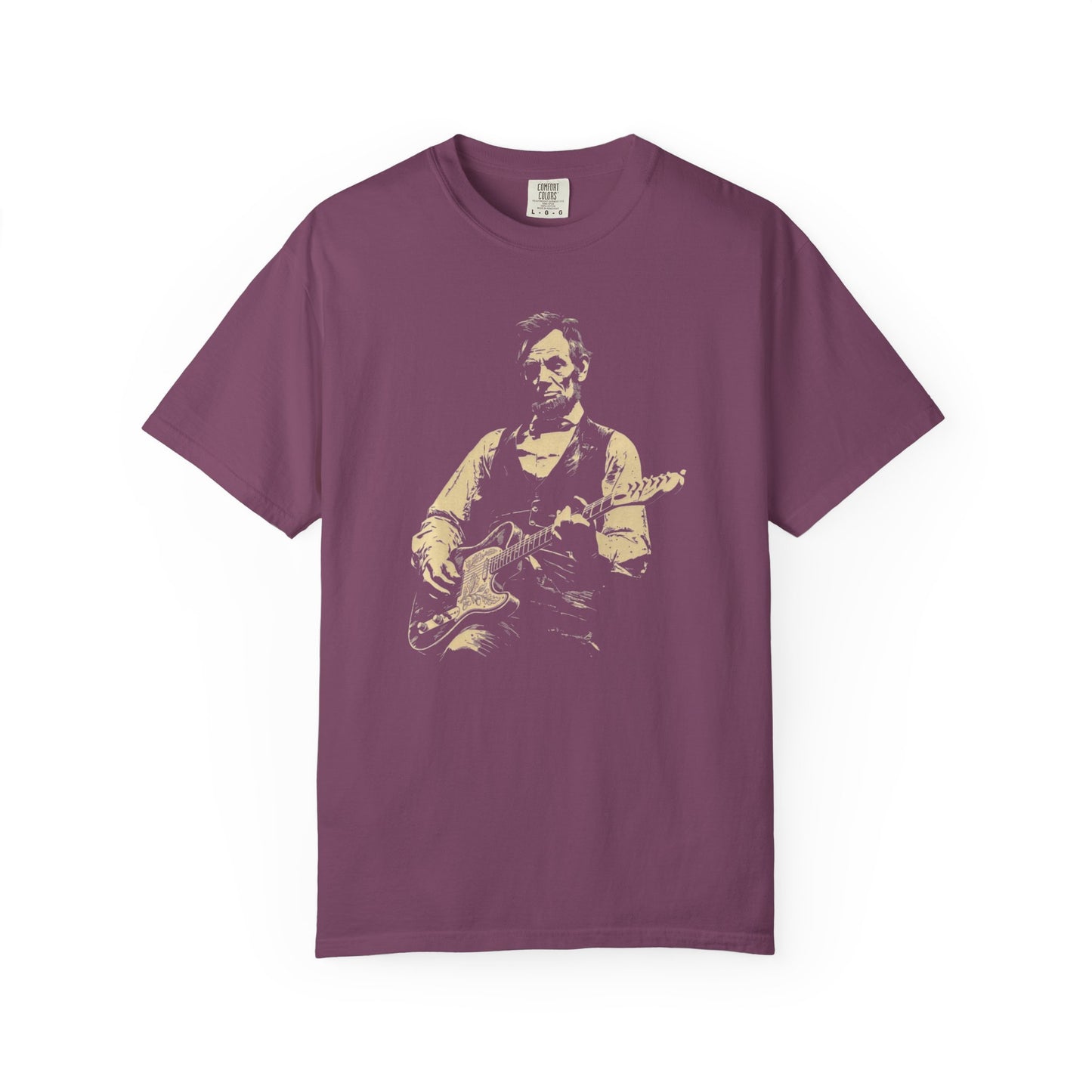 berry t-shirt with a graphic of a president lincoln  playing guitar on a white background