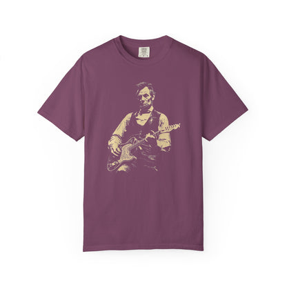 berry t-shirt with a graphic of a president lincoln  playing guitar on a white background