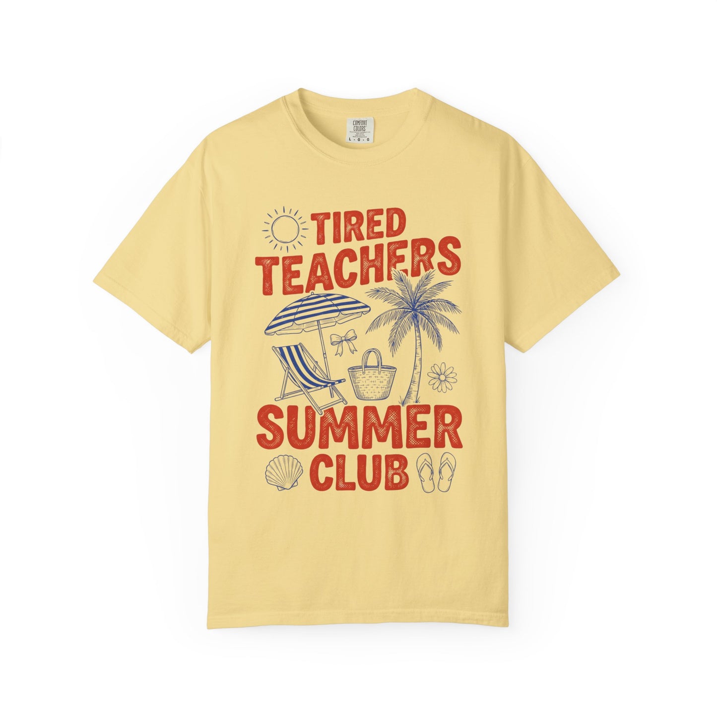 banana t-shirt with 'Tired Teachers Summer Club' graphic on a white background