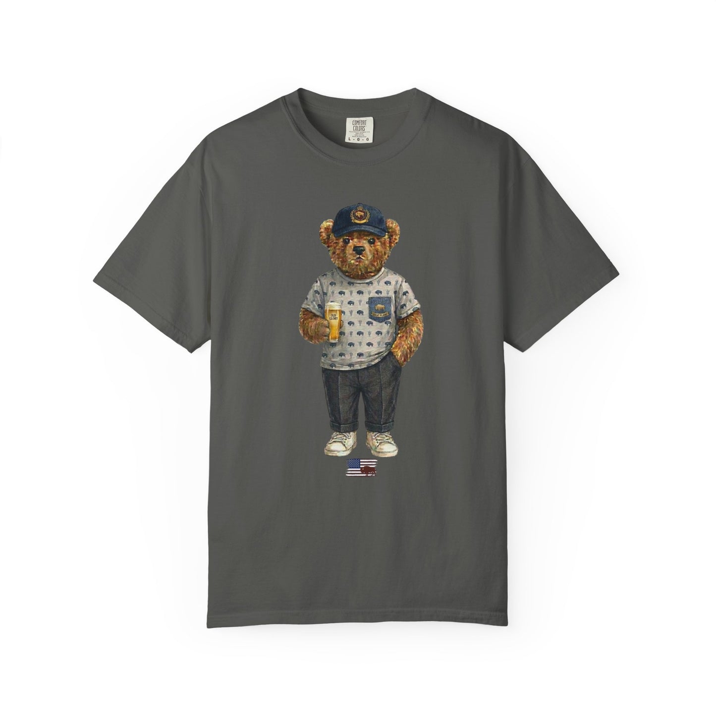 pepper t-shirt with a bear graphic wearing a cap, jersey, and pants on a white background