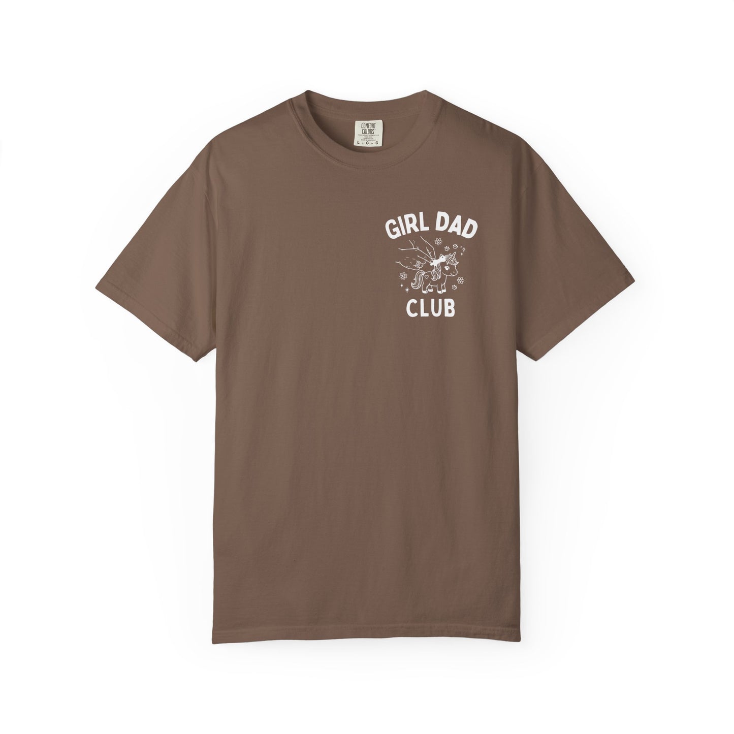 Girl Dad Club espresso t-shirt with graphic print on a plain background