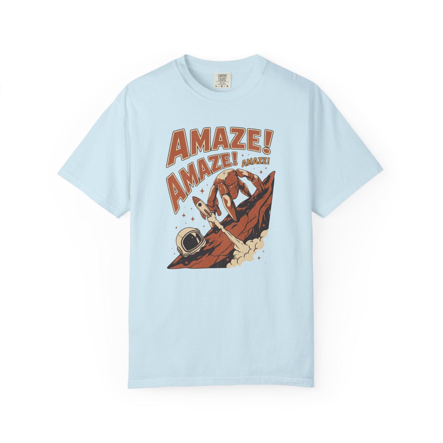 Amaze Rocky Comfort Colors Shirt in Chambray – sci-fi graphic tee, soft garment-dyed unisex fit