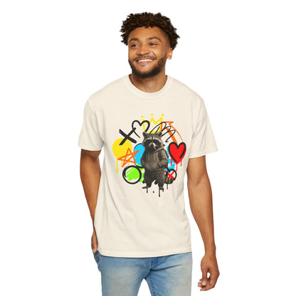 Graffiti Raccoon T-Shirt — Street Art Graphic Tee with Heart & Crown