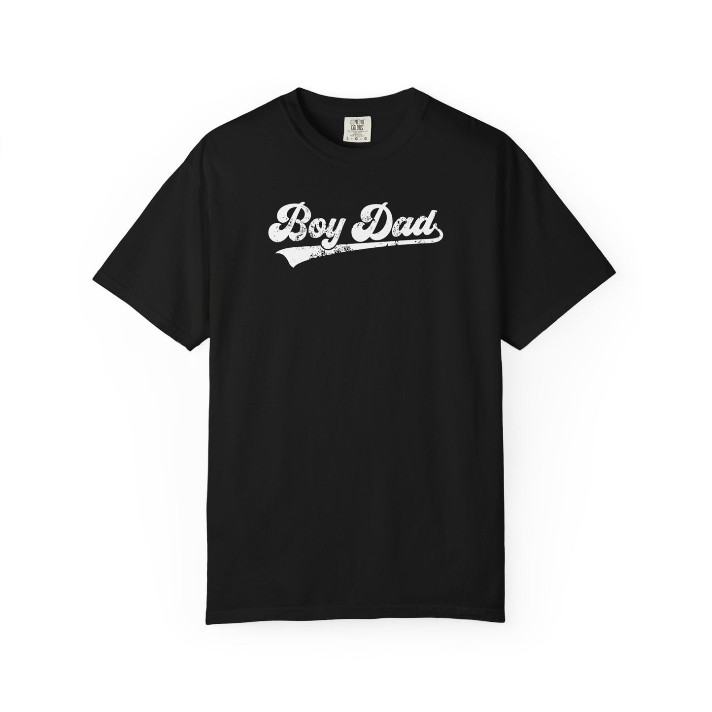 Black t-shirt with 'Boy Dad' text on a white background