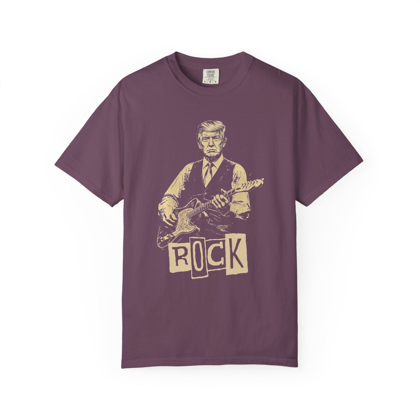  a berry t-shirt with a graphic of president trump playing guitar and the word 'ROCK'.