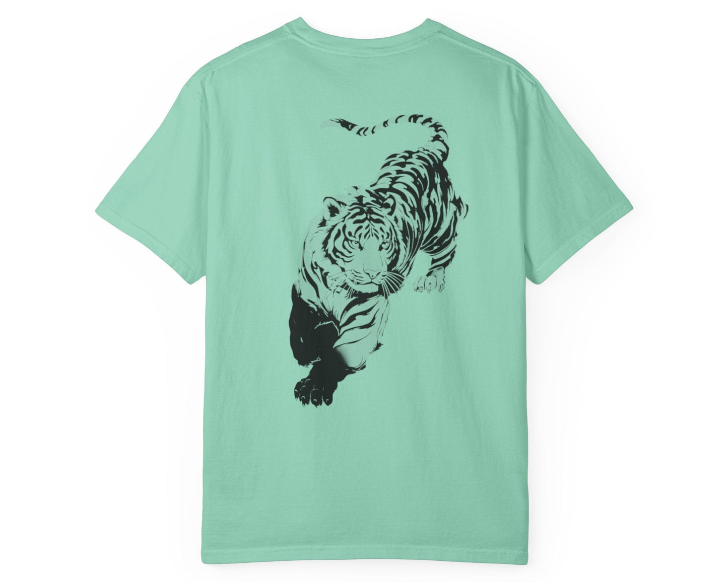 Tiger claw mark front and stalking tiger back graphic tee in ISLAND REEF, heavyweight garment-dyed cotton