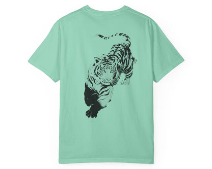 Tiger claw mark front and stalking tiger back graphic tee in ISLAND REEF, heavyweight garment-dyed cotton