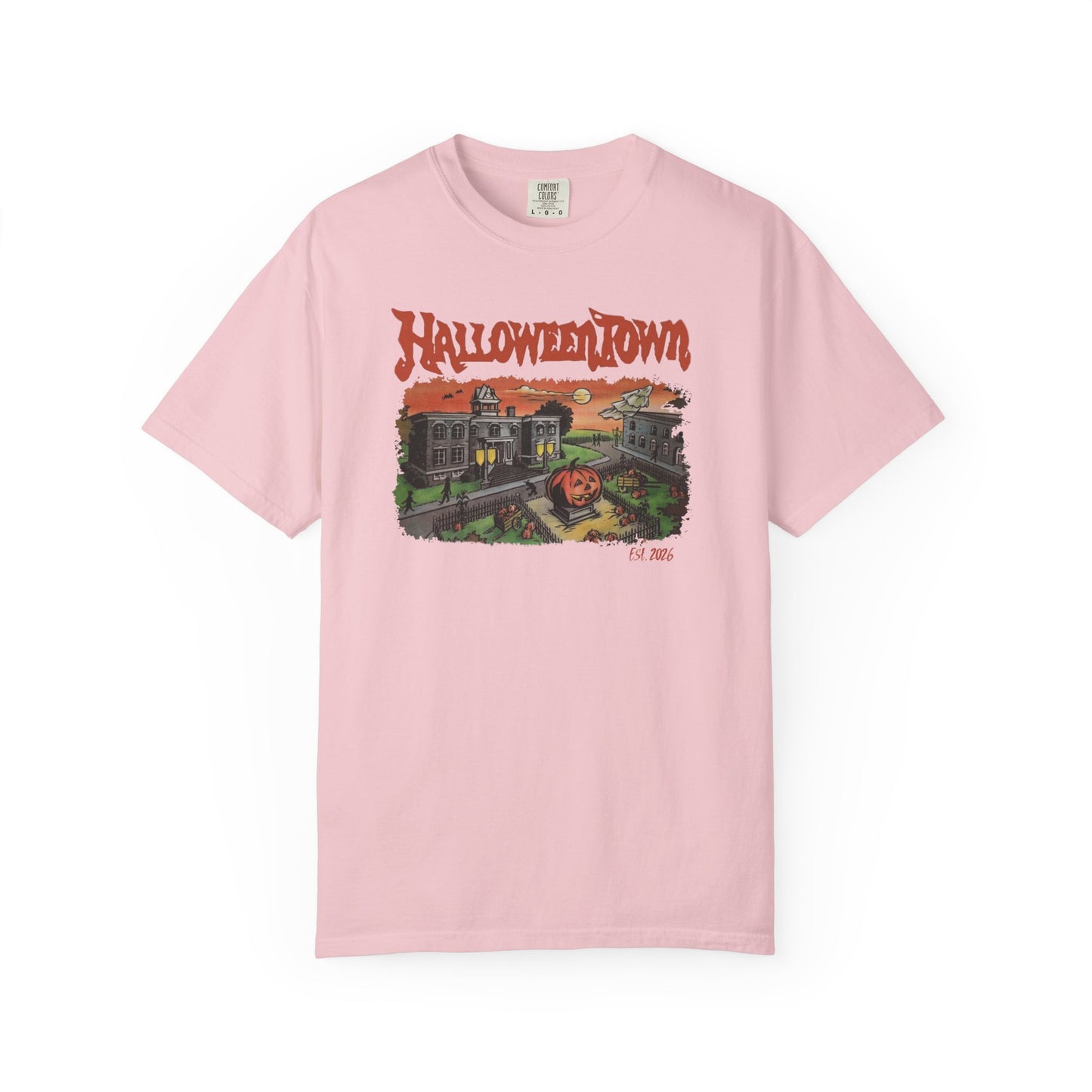 Halloweentown University T-Shirt in Blossom — retro spooky campus graphic tee, garment dyed