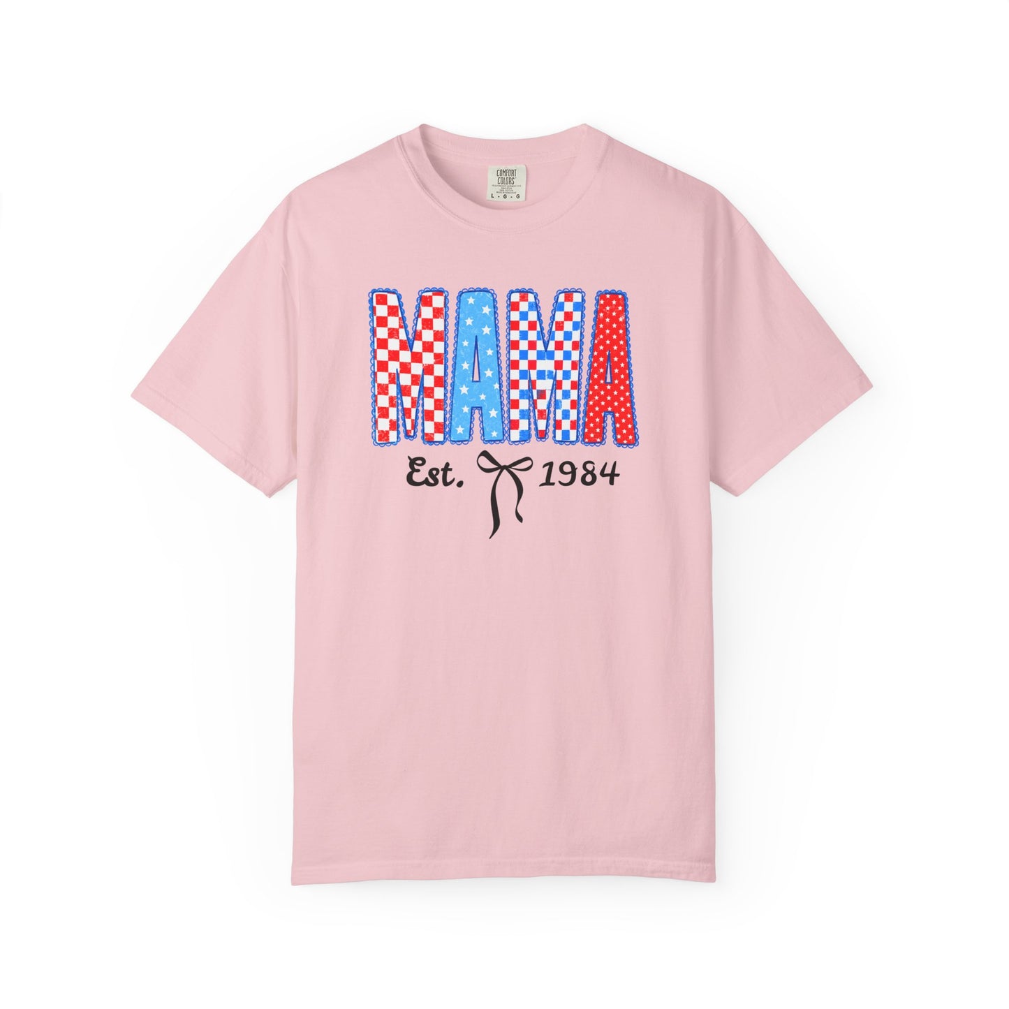 Mama Est. 1984 patriotic graphic t-shirt blossom — garment-dyed unisex tee with checker MAMA print