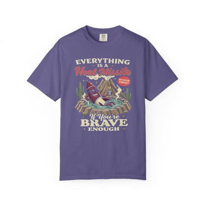 Everything Is a Heat Missile If You're Brave Enough graphic tee in Grape — retro desert rocket design, Comfort Colors 1717
