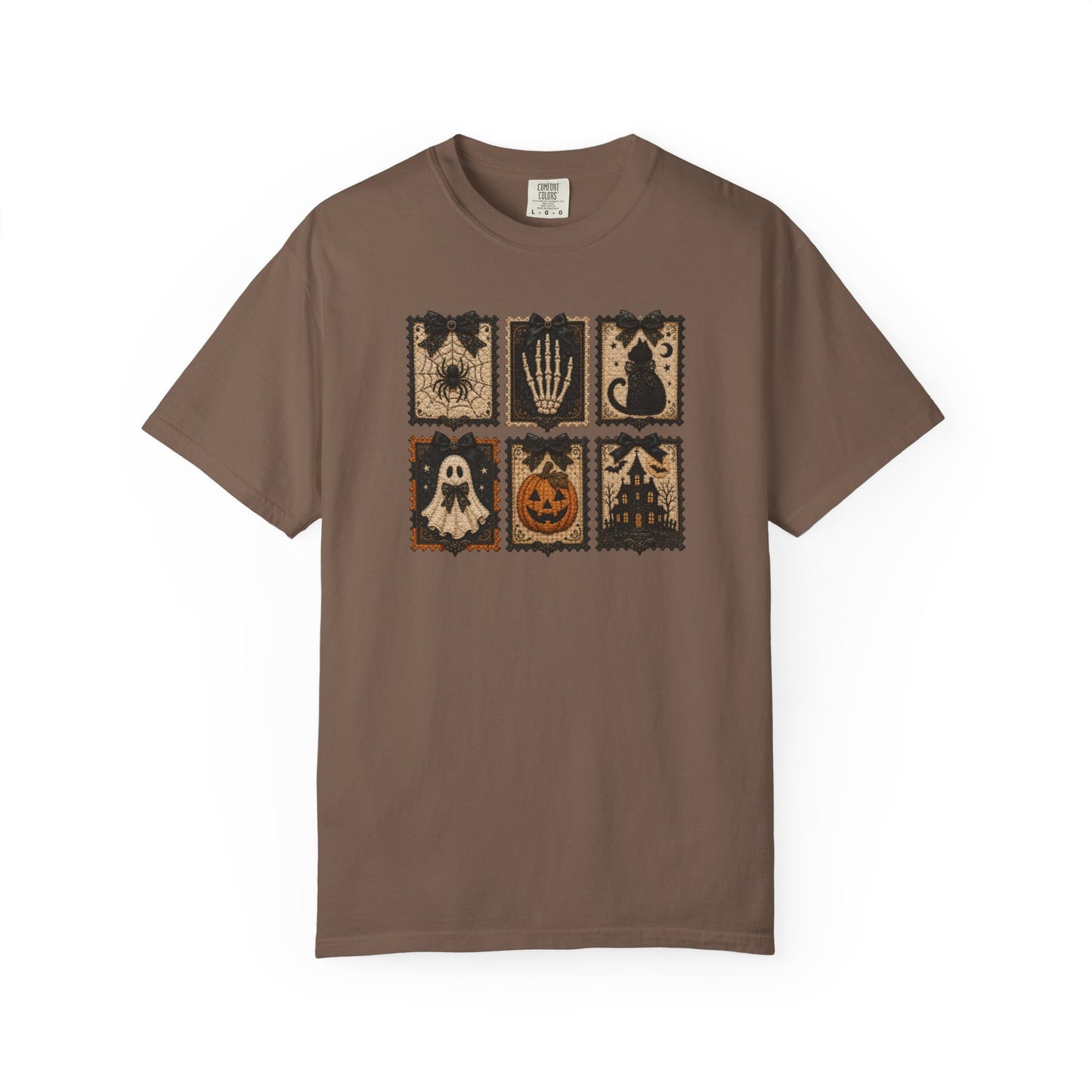 Vintage Halloween Faux Patchwork T-Shirt — Spooky Stamp Graphic Tee