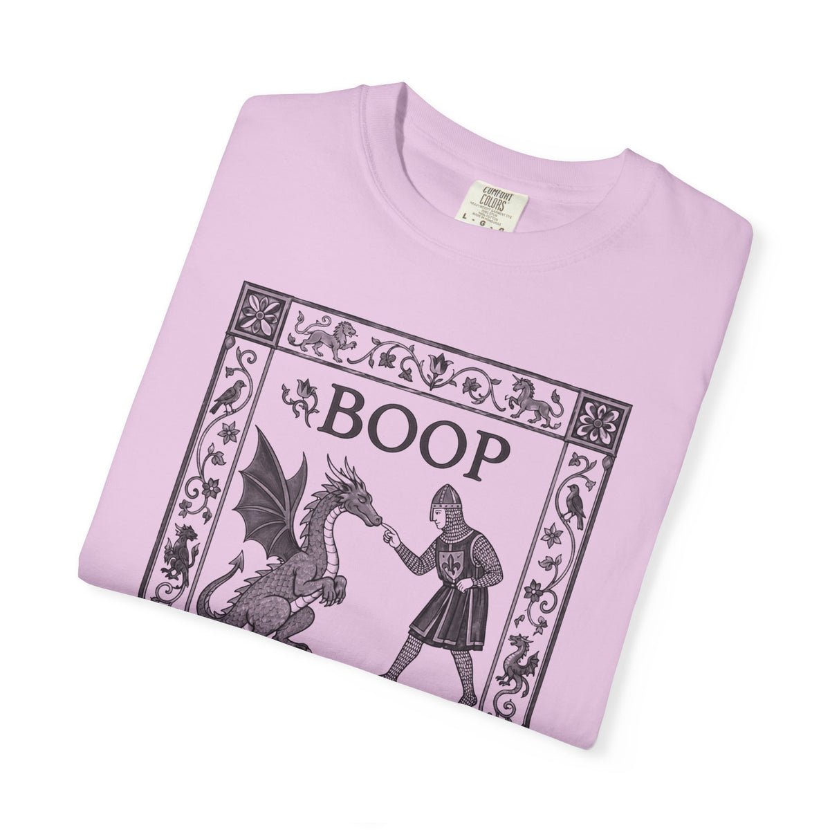 Boop Dragon T-Shirt in Orchid — vintage illustration tee featuring an armored knight and winged dragon with ornate border and "BOOP" lettering

