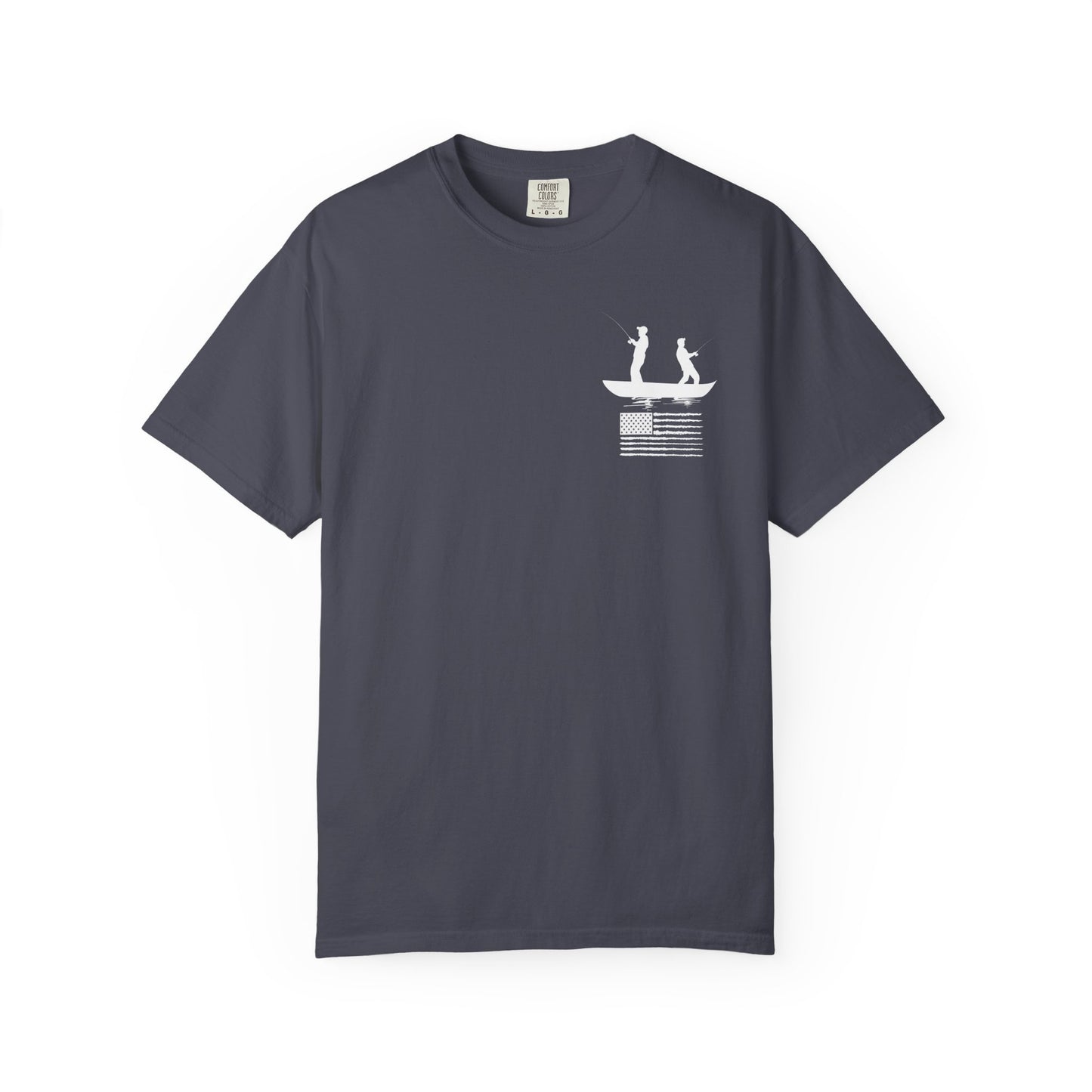Fishing Flag T-Shirt in navy color— American flag fishing graphic tee, front view