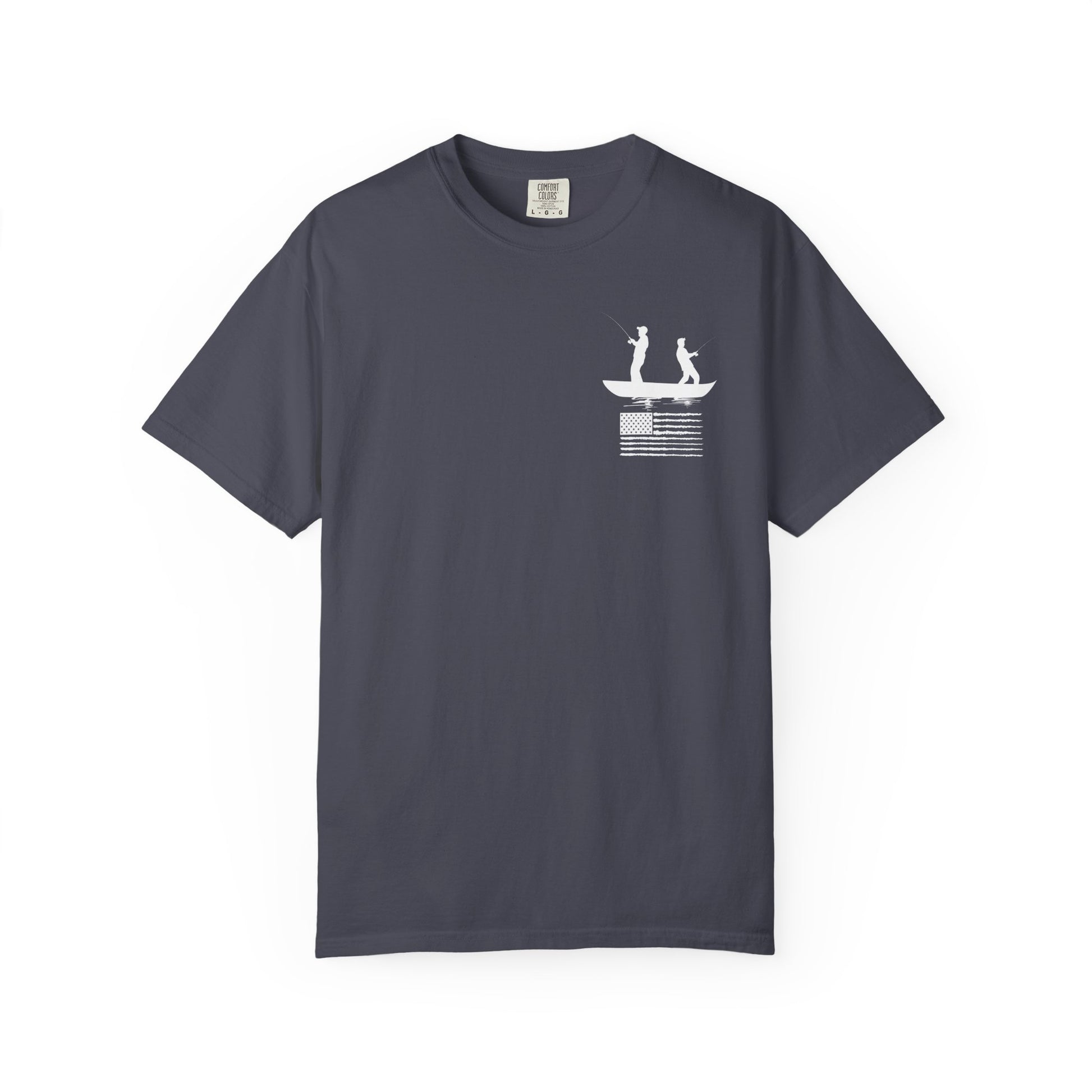 Fishing Flag T-Shirt in navy color— American flag fishing graphic tee, front view