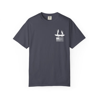 Fishing Flag T-Shirt in navy color— American flag fishing graphic tee, front view