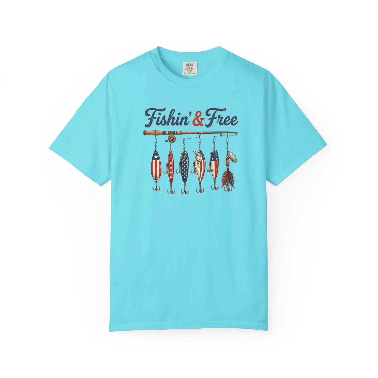 Lagoon blue t-shirt with 'Fishin' & Free' graphic design on a white background