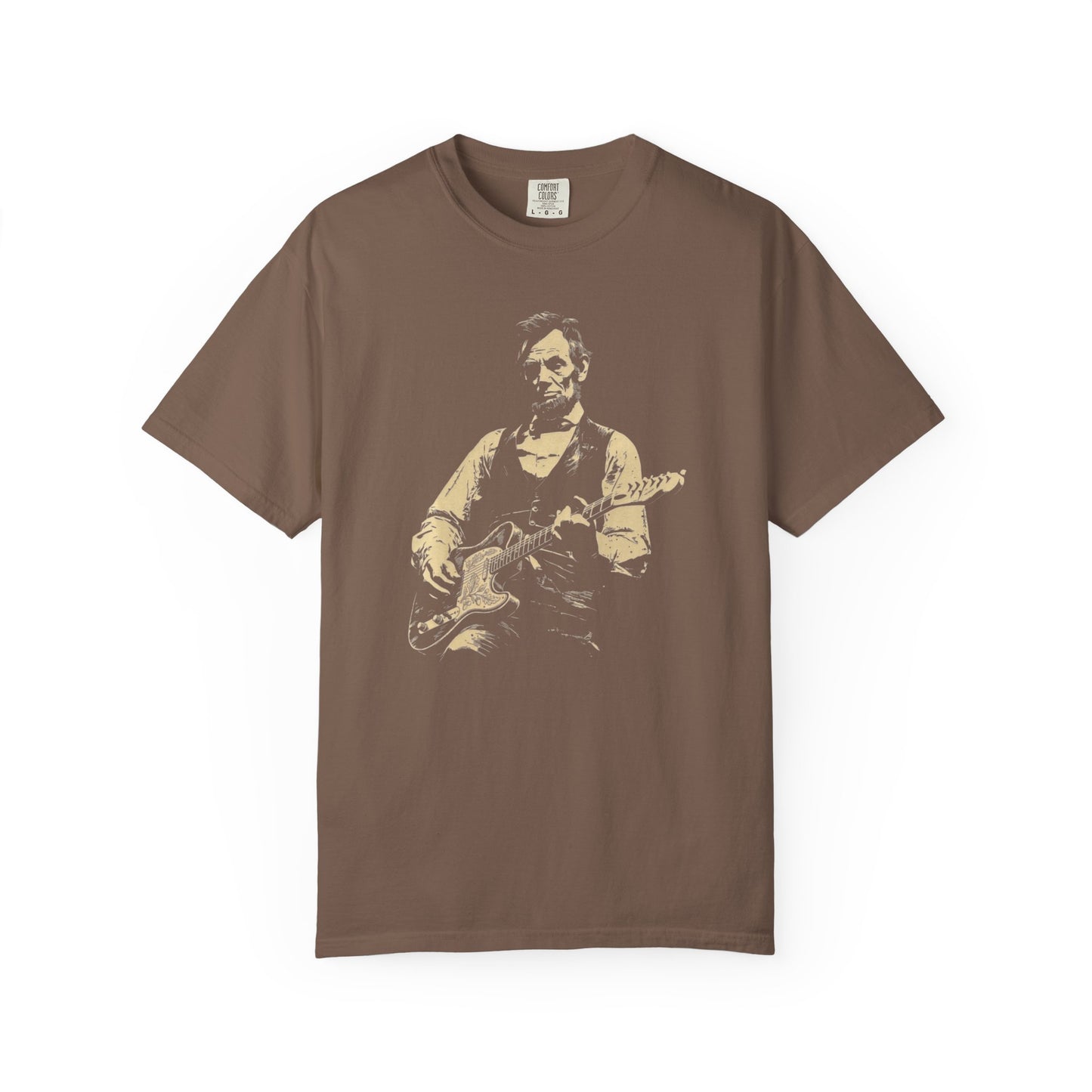 espresso t-shirt with a graphic of a president lincoln  playing guitar on a white background