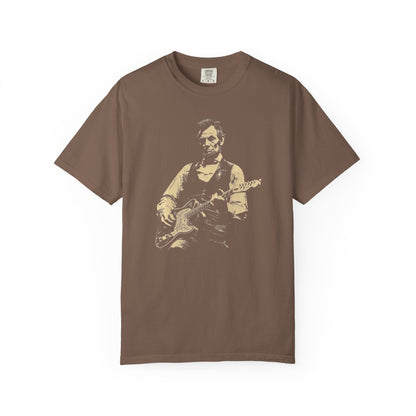 espresso t-shirt with a graphic of a president lincoln  playing guitar on a white background