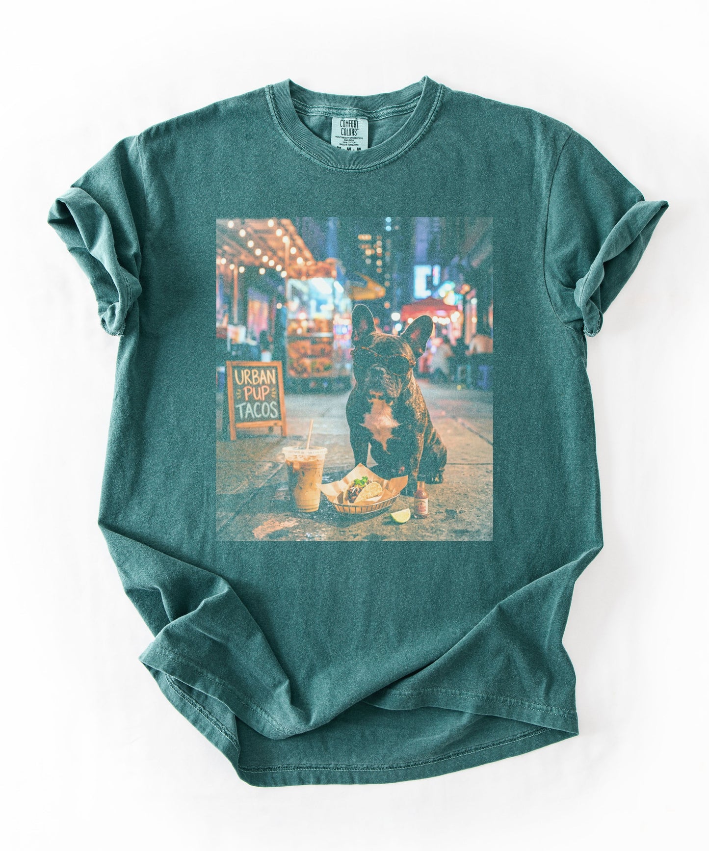 French Bulldog Taco & Iced Coffee Shirt in Blue Spruce 