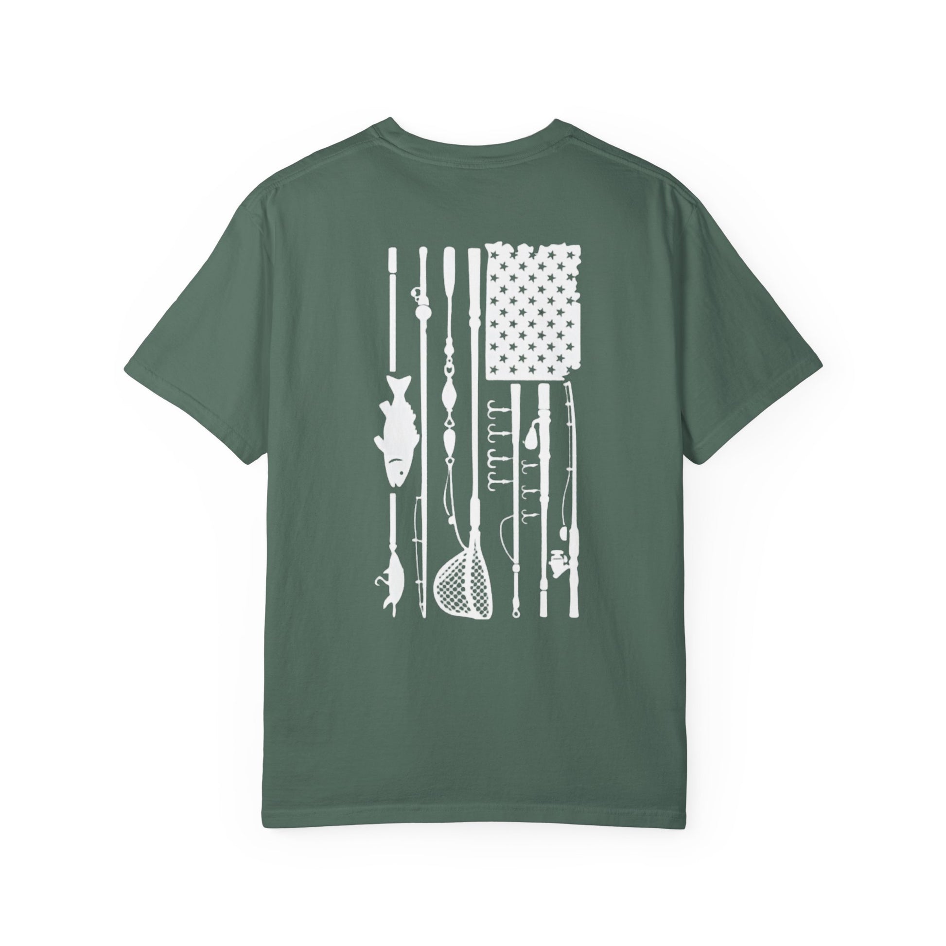 Fishing Flag T-Shirt in light green color— American flag fishing graphic tee, front view
