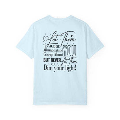 chambray t-shirt with motivational quote on the back against a white background
