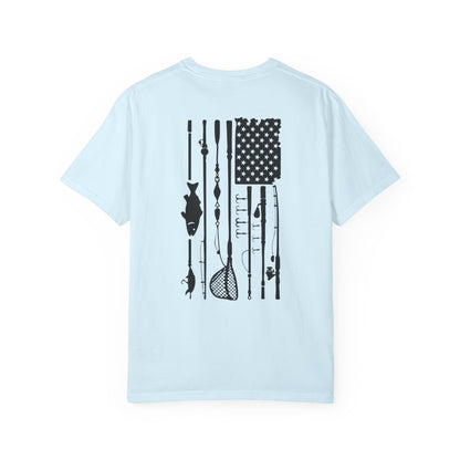 Fishing Flag T-Shirt in Chambray — American fishing gear graphic tee, front view