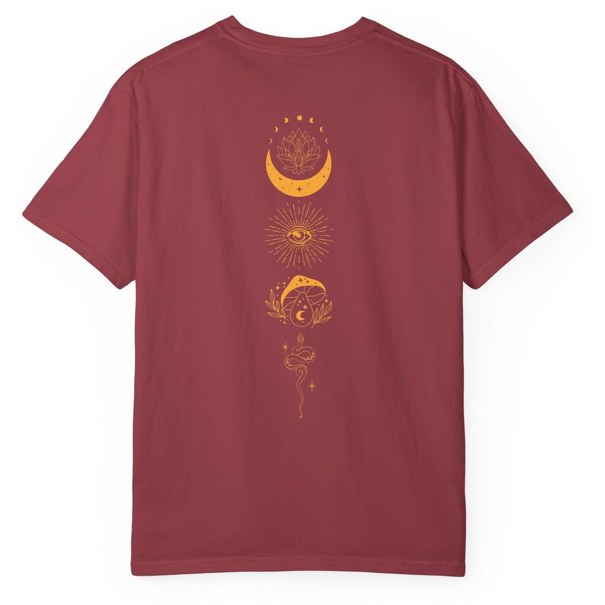 Girls Will Be Girls witch graphic tee in Chili — coven of witches around a campfire with crescent moon, feminist occult design front and back design 