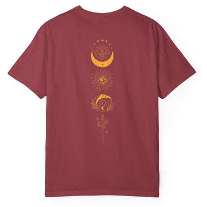 Girls Will Be Girls witch graphic tee in Chili — coven of witches around a campfire with crescent moon, feminist occult design front and back design 