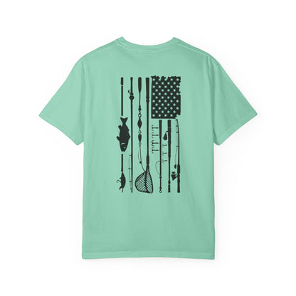 Fishing Flag T-Shirt in island reef color— American flag fishing graphic tee, front view