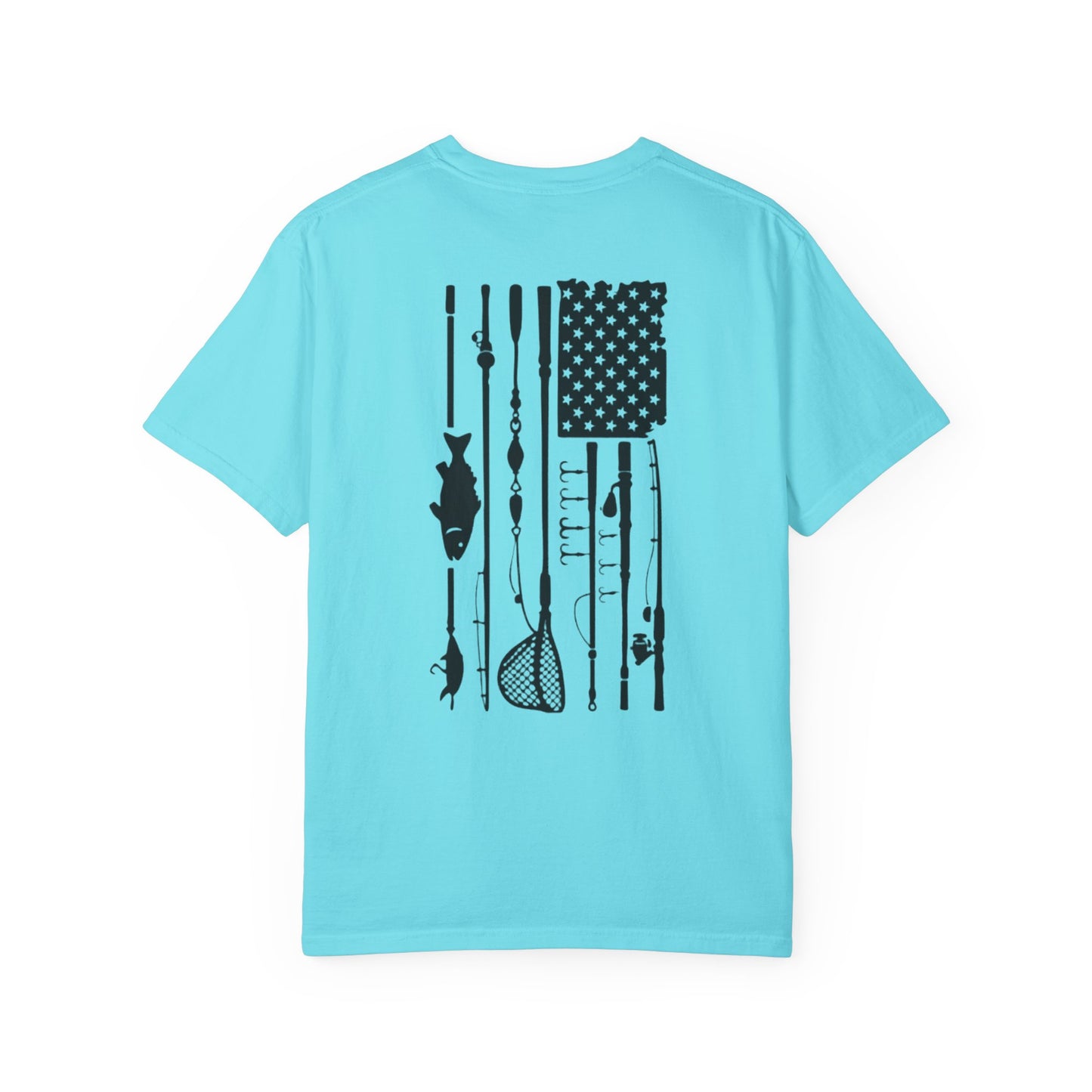 Fishing Flag T-Shirt in lagoon blue color— American flag fishing graphic tee, front view