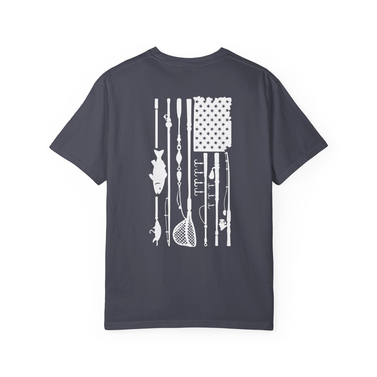 Fishing Flag T-Shirt in navy color— American flag fishing graphic tee, front view