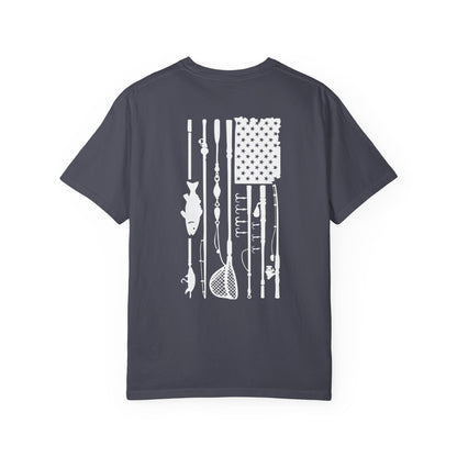 Fishing Flag T-Shirt in navy color— American flag fishing graphic tee, front view