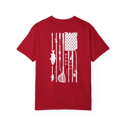 Fishing Flag T-Shirt in red color— American flag fishing graphic tee, front view