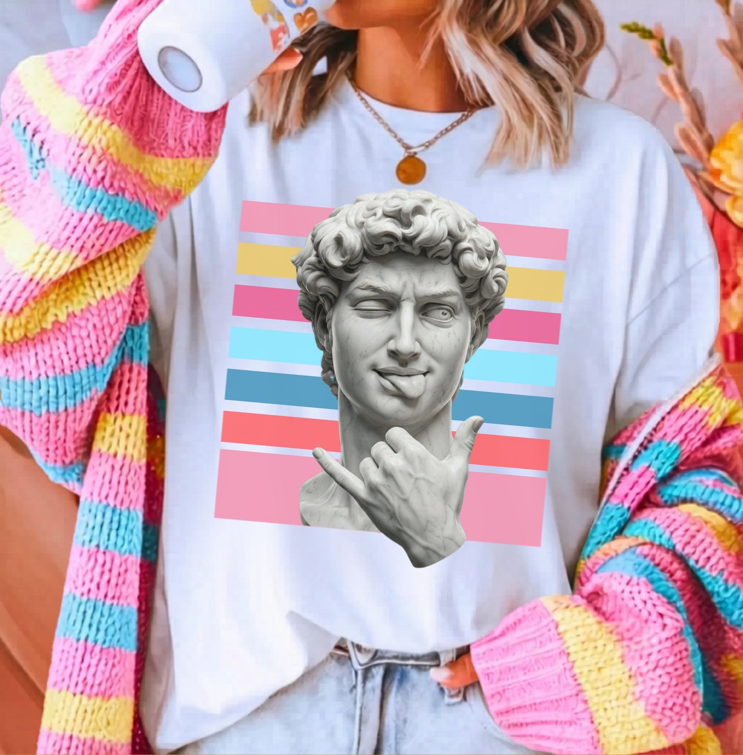 Winking David Statue Graphic T-Shirt — Retro Art Tee with Color Stripe