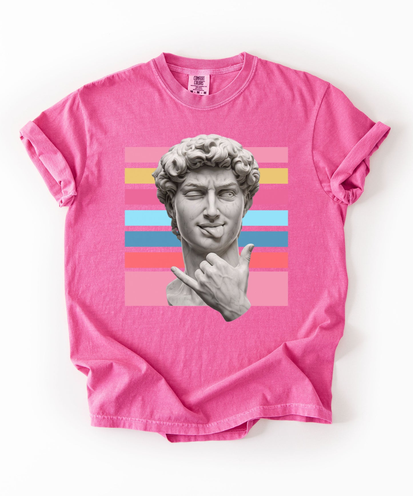 Winking David Statue Graphic T-Shirt — Retro Art Tee with Color Stripe