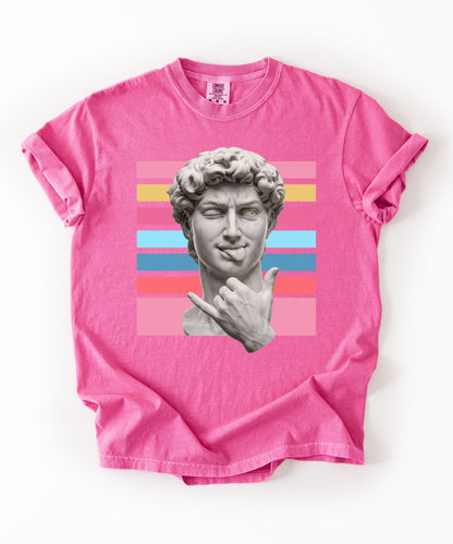 Winking David Statue Graphic T-Shirt — Retro Art Tee with Color Stripe