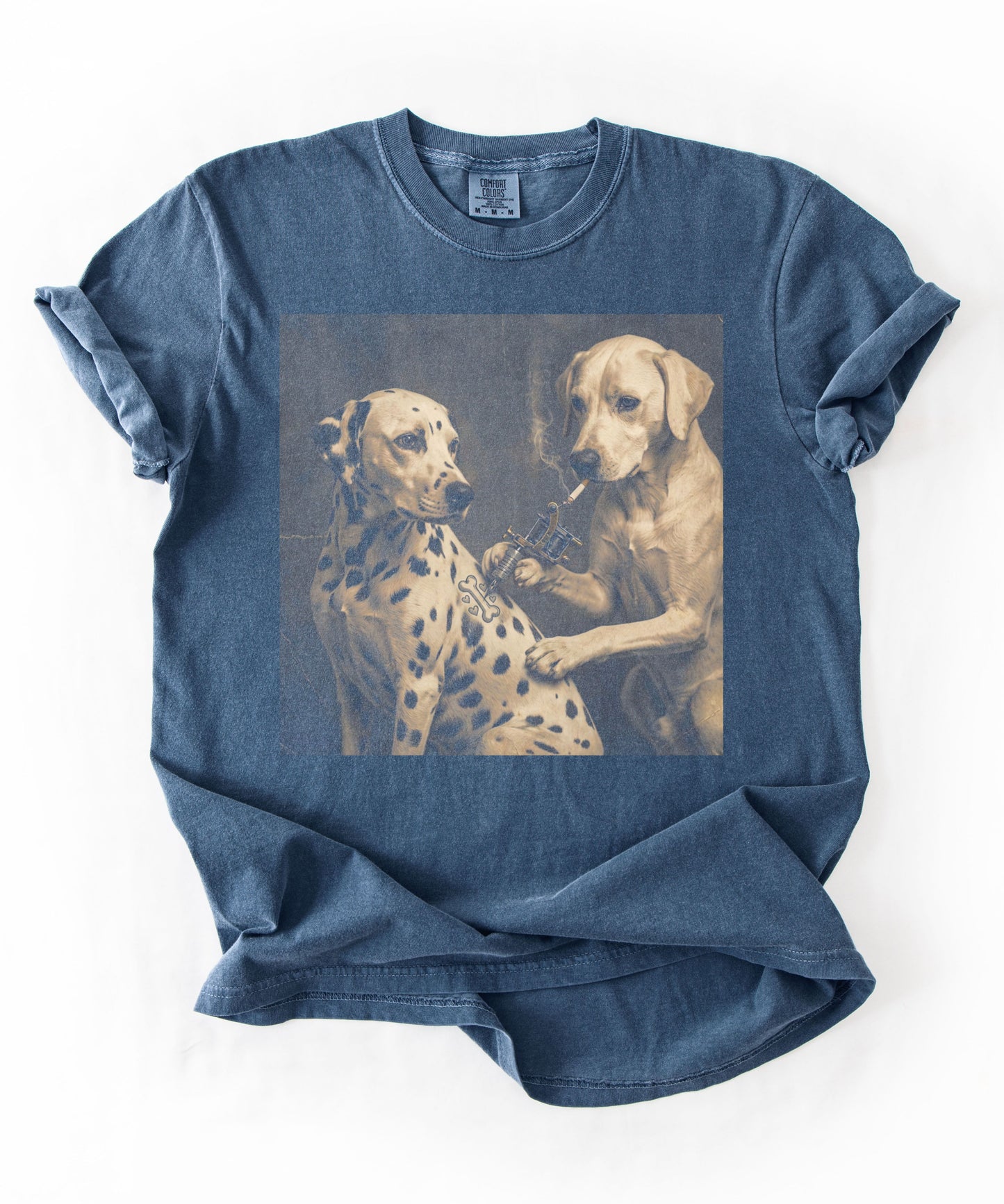 Comfort Colors retro Dalmatian tattoo artist t-shirt in Denim — funny dog meme graphic tee flat lay